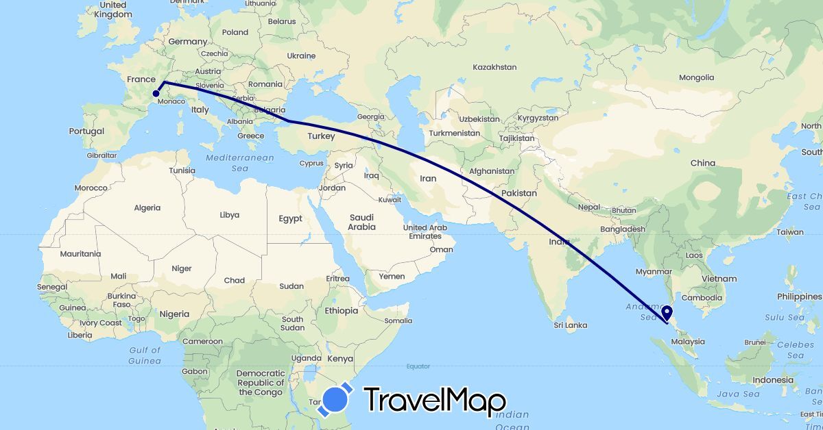 TravelMap itinerary: driving in Switzerland, France, Thailand, Turkey (Asia, Europe)